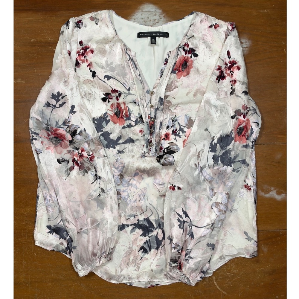 WHBM Blouse Women's 6P White Floral Silk Blend Excellent 570218296
